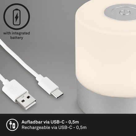 BRILONER LED nabíjecí stolní lampa, 7 cm, USB-C, 2W, 150lm, matný chrom IP44 BRILO 7461014