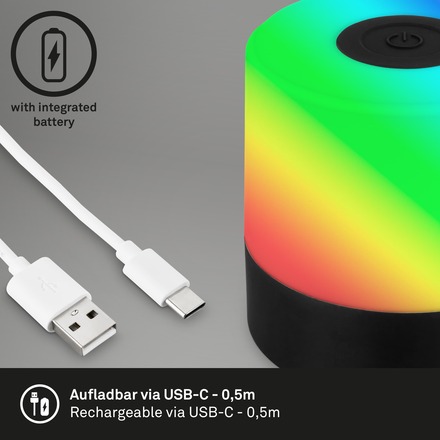 BRILONER LED nabíjecí stolní lampa, 7 cm, USB-C, 1,5W, 100lm, černá IP44 BRILO 7462015