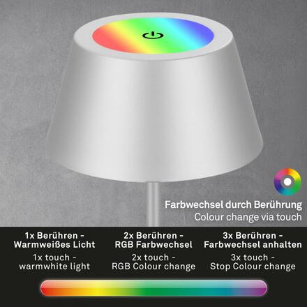 BRILONER LED RGB nabíjecí stolní lampa 38 cm 2W 200lm chrom IP44 BRILO 7466018