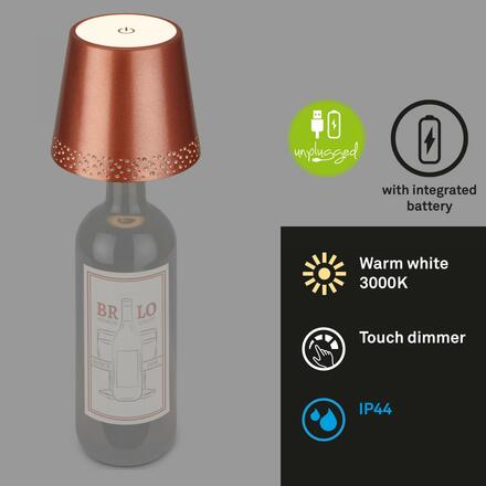 BRILONER Nabíjecí stolní lampa, 11 cm, 2,6W, 280lm, měď BRILO 7485013