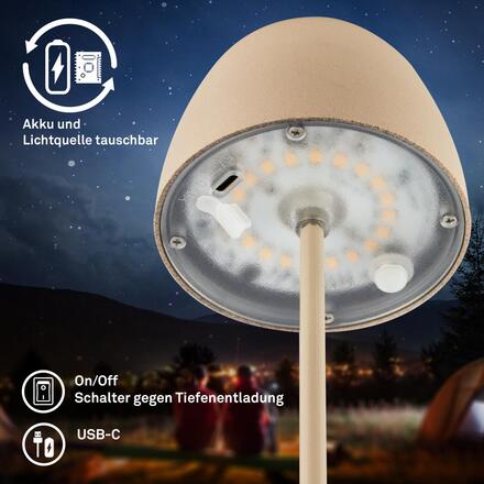 BRILONER LED nabíjecí stolní lampička Serina Mini, bezdrátová, 20cm, IP44, 2,5W, stmívatelné, dotykový vypínač, béžová 7503011