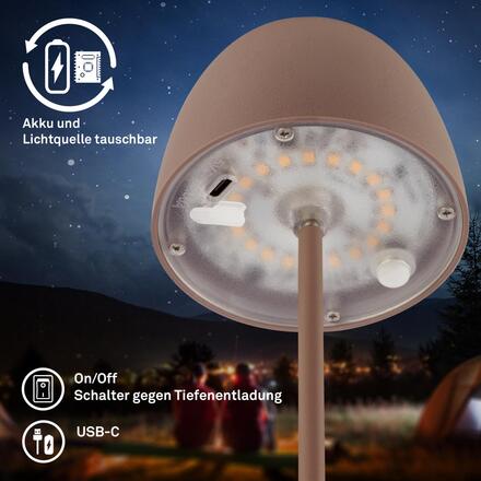 BRILONER LED nabíjecí stolní lampička Serina Mini, bezdrátová, 20cm, IP44, 2,5W, stmívatelné, dotykový vypínač, písková hnědá 7503012