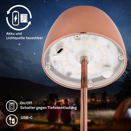 BRILONER LED nabíjecí stolní lampička Serina Mini, bezdrátová, 20cm, IP44, 2,5W, stmívatelné, dotykový vypínač, měď 7503013