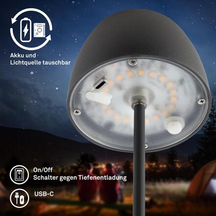 BRILONER LED nabíjecí stolní lampička Serina Mini, bezdrátová, 20cm, IP44, 2,5W, stmívatelné, dotykový vypínač, antracit 7503015