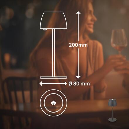 BRILONER LED nabíjecí stolní lampička Serina Mini, bezdrátová, 20cm, IP44, 2,5W, stmívatelné, dotykový vypínač, antracit 7503015