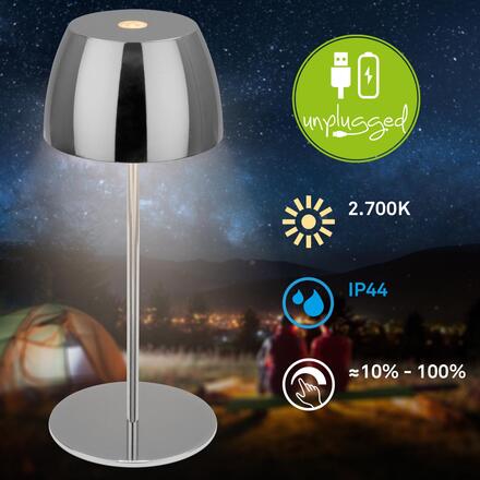 BRILONER LED nabíjecí stolní lampička Serina Mini, bezdrátová, 20cm, IP44, 2,5W, stmívatelné, dotykový vypínač, chrom 7503018