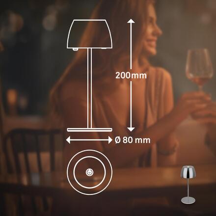 BRILONER LED nabíjecí stolní lampička Serina Mini, bezdrátová, 20cm, IP44, 2,5W, stmívatelné, dotykový vypínač, chrom 7503018