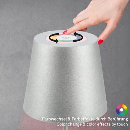 BRILONER Kiki stolní lampička bezdrátová, dotykový vypínač, pestrobarevné RGB+W světlo, nastavitelná výška, matný chrom 7507014