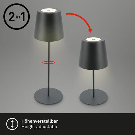 BRILONER Kiki stolní lampička bezdrátová, dotykový vypínač, nastavitelná výška, stmívatelné, nabíjecí, antracit 7508015