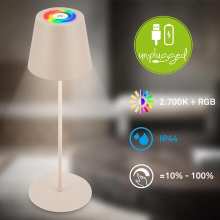 BRILONER Calida 3 v 1 RGBW stolní lampička bezdrátová IP44, stmívatelné, dotykový vypínač, béžová 7510011