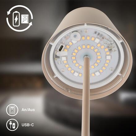 BRILONER Calida 3 v 1 RGBW stolní lampička bezdrátová IP44, stmívatelné, dotykový vypínač, béžová 7510011