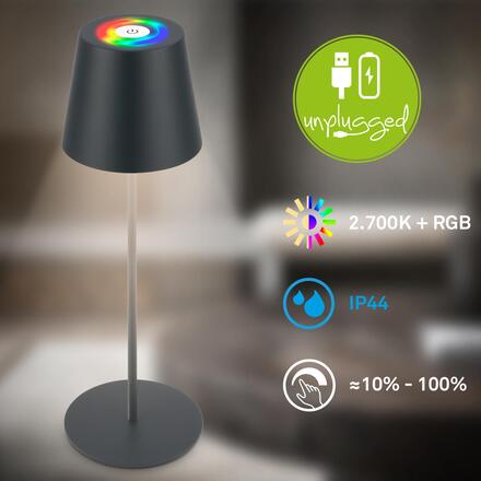 BRILONER Calida 3 v 1 RGBW stolní lampička na baterie IP44, stmívatelné, dotykový vypínač, antracit 7510015