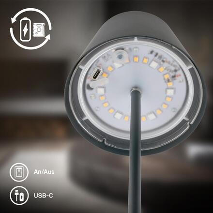 BRILONER Calida 3 v 1 RGBW stolní lampička na baterie IP44, stmívatelné, dotykový vypínač, antracit 7510015