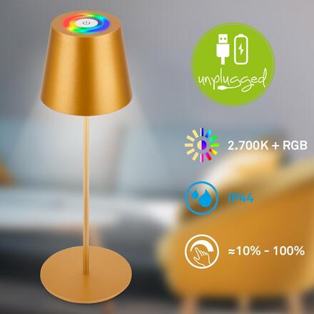 BRILONER Calida 3 v 1 RGBW LED stolní lampička bezdrátová IP44, stmívatelné, dotykový vypínač, zlatá 7510017