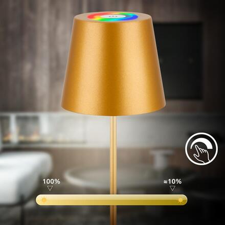 BRILONER Calida 3 v 1 RGBW LED stolní lampička bezdrátová IP44, stmívatelné, dotykový vypínač, zlatá 7510017