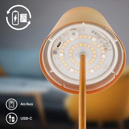 BRILONER Calida 3 v 1 RGBW LED stolní lampička bezdrátová IP44, stmívatelné, dotykový vypínač, zlatá 7510017