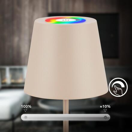 BRILONER Cilano RGBW stolní lampa na baterie IP44, stmívatelná, vč. nabíjecí základny, béžová 7517011