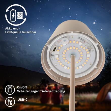 BRILONER Cilano RGBW stolní lampa na baterie IP44, stmívatelná, vč. nabíjecí základny, béžová 7517011