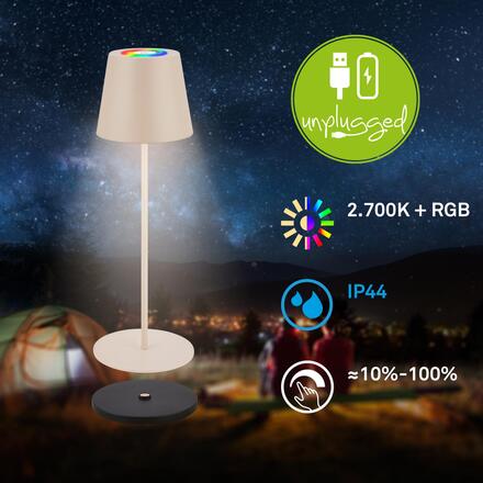 BRILONER Cilano RGBW stolní lampa na baterie IP44, stmívatelná, vč. nabíjecí základny, béžová 7517011