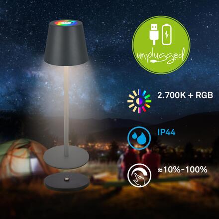 BRILONER Cilano RGBW stolní lampa na baterie IP44, stmívatelné, s nabíjecí základnou, antracit 7517015