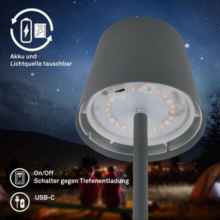 BRILONER Cilano RGBW stolní lampa na baterie IP44, stmívatelné, s nabíjecí základnou, antracit 7517015