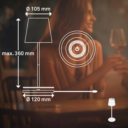 BRILONER Cilano RGBW stolní bezdrátová lampa IP44, stmívatelná, vč. nabíjecí základny, bílá 7517016