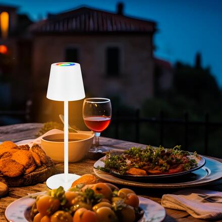 BRILONER Cilano RGBW stolní bezdrátová lampa IP44, stmívatelná, vč. nabíjecí základny, bílá 7517016