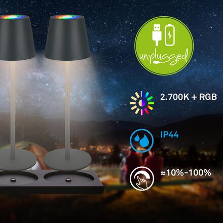BRILONER Cilano 3ks RGBW stolní bezdrátová lampa, vč. nabíjecí základny, IP44, antracit 7517035