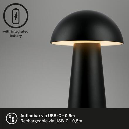 BRILONER Fungo Mini LED stolní lampička bezdrátová IP44, stmívatelné, dotykový vypínač, černá 7520015