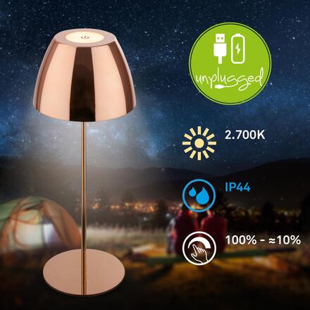 BRILONER Serina LED bezdrátová stolní lampička IP44, stmívatelná, dotykový vypínač, měď 7522013