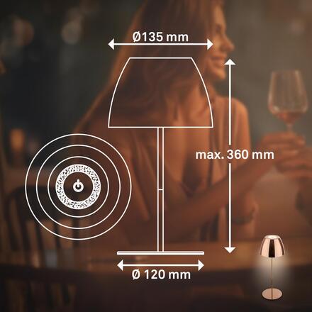 BRILONER Serina LED bezdrátová stolní lampička IP44, stmívatelná, dotykový vypínač, měď 7522013