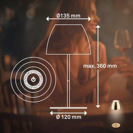 BRILONER Serina LED bezdrátová stolní lampička IP44, stmívatelná, dotykový vypínač, zlatá 7522017