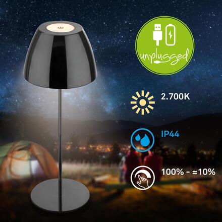 BRILONER Serina LED bezdrátová stolní lampička IP44, stmívatelná, dotykový vypínač, černá/chrom 7522018