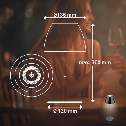 BRILONER Serina LED bezdrátová stolní lampička IP44, stmívatelná, dotykový vypínač, černá/chrom 7522018