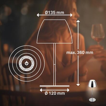 BRILONER Serina LED bezdrátová stolní lampička IP44, stmívatelná, dotykový vypínač, chrom 7522118