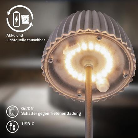 BRILONER Nabíjecí stolní lampa Riffle Mini - 20 cm, 1,5W, 150lm, bezdrátová, LED, stmívatelné, dotykový vypínač, antracit 7552015