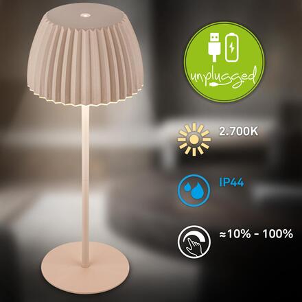 BRILONER Nabíjecí stolní lampa Riffle - 36,5 cm, 2W, 200lm, IP44, bezdrátová, LED, stmívatelná, dotykový vypínač, béžová 7553011