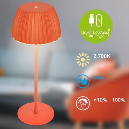 BRILONER Nabíjecí stolní lampa Riffle - 36,5 cm, 2W, 200lm, IP44, bezdrátová, LED, stmívatelná, dotykový vypínač, oranžová 7553012