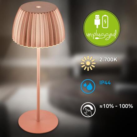 BRILONER Nabíjecí stolní lampa Riffle - 36,5 cm, 2W, 200lm, IP44, bezdrátová, LED, stmívatelná, dotykový vypínač, měď 7553013