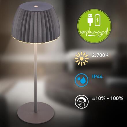 BRILONER Nabíjecí stolní lampa Riffle - 36,5 cm, 2W, 200lm, IP44, bezdrátová, LED, stmívatelná, dotykový vypínač, antracit 7553015