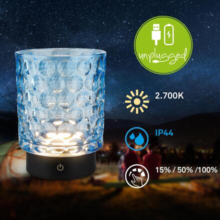 BRILONER Sunora LED stolní lampička bezdrátová IP44, stmívatelné, dotykový vypínač, modrá 7560010