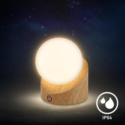 BRILONER Sora Mini LED stolní lampička bezdrátová IP54, stmívatelné, dotykový vypínač, imitace dřeva 7561011