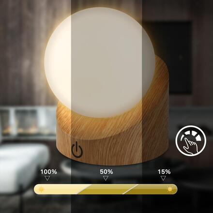 BRILONER Sora Mini LED stolní lampička bezdrátová IP54, stmívatelné, dotykový vypínač, imitace dřeva 7561011