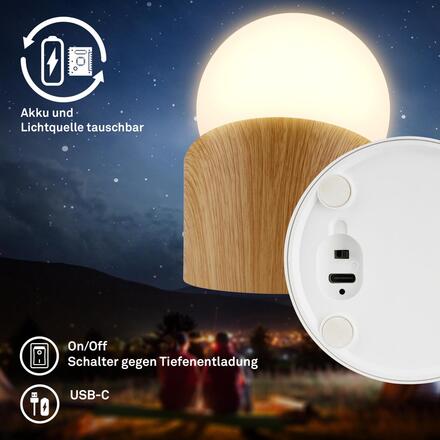 BRILONER Sora Mini LED stolní lampička bezdrátová IP54, stmívatelné, dotykový vypínač, imitace dřeva 7561011