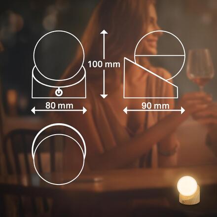 BRILONER Sora Mini LED stolní lampička bezdrátová IP54, stmívatelné, dotykový vypínač, imitace dřeva 7561011