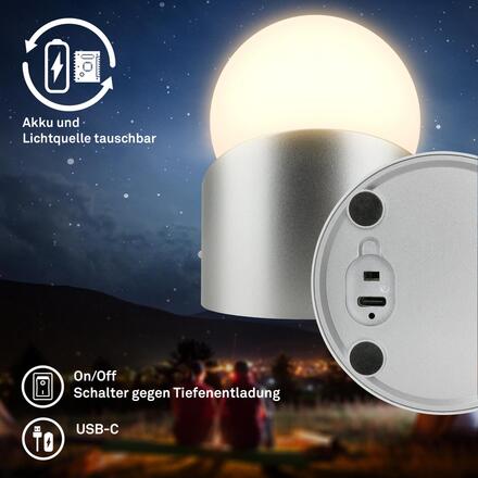 BRILONER Sora Mini LED stolní lampička bezdrátová IP54, stmívatelné, dotykový vypínač, matný chrom 7561014