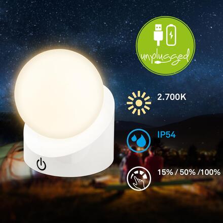 BRILONER Sora Mini LED stolní lampička bezdrátová IP54, stmívatelné, dotykový vypínač, bílá 7561016