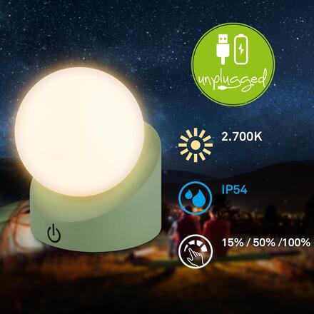 BRILONER Sora Mini LED stolní lampička bezdrátová IP54, stmívatelné, dotykový vypínač, zelená 7561019