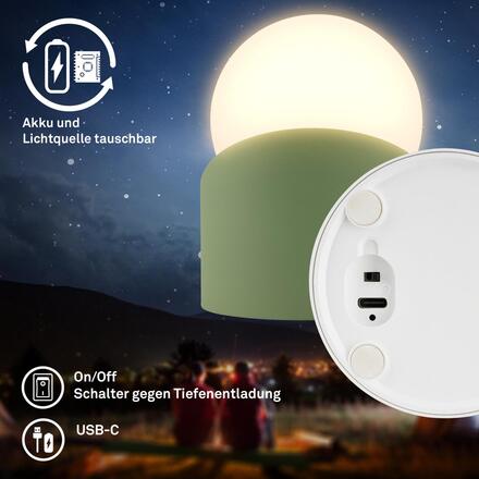 BRILONER Sora Mini LED stolní lampička bezdrátová IP54, stmívatelné, dotykový vypínač, zelená 7561019