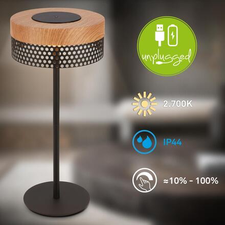 BRILONER Booha stolní lampa - 2,5W, 300lm, bezdrátová, IP44, LED, stmívatelná, teplá bílá, černá/dřevo 7576014
